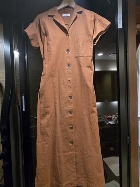 Button-Front Maxi Shirt Dress in Beautiful Light Brown Color